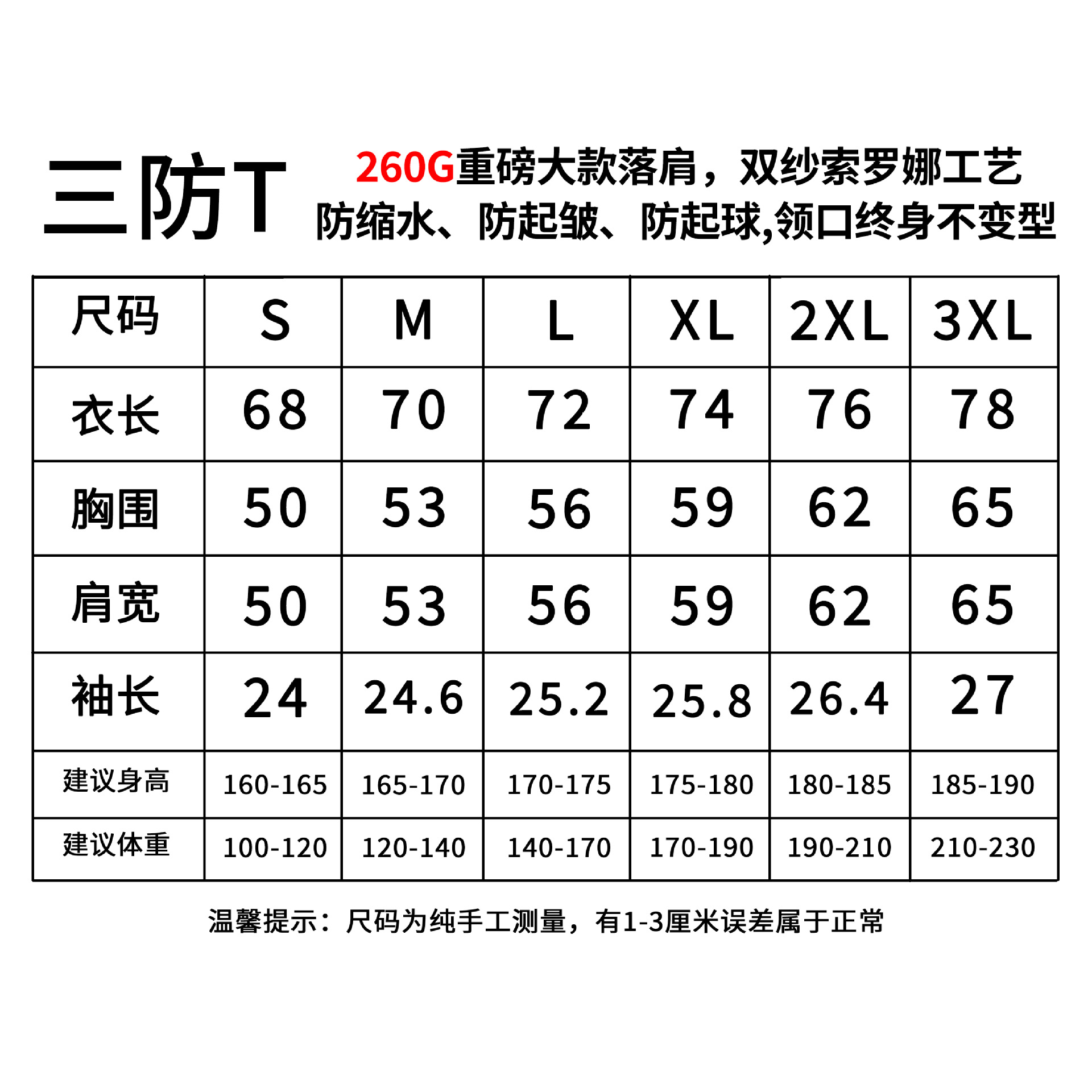 Nueva camiseta de doble gasa de 260g de 30 piezas para hombre, cuello redondo de gran tamaño, tres pruebas, manga corta, hombros caídos, tendencia casual