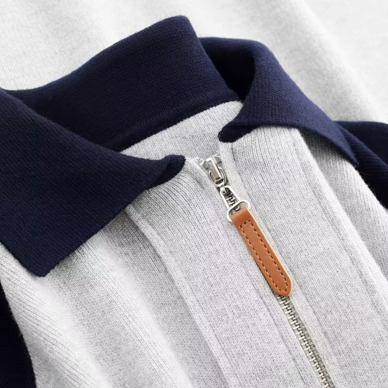 Coreano de contraste de color semia cremallera polo collar pullover casual hombre otoño y invierno nuevo abrigo con solapa