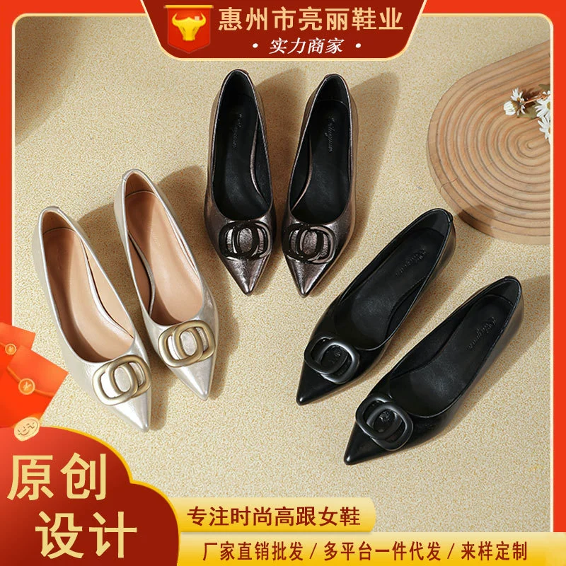 Женские туфли с острым носком на толстом каблуке, весна-осень 2025, новые туфли Huizhou, мягкая кожа, стильный дизайн, неглубокий вырез, удобные на низком каблуке.