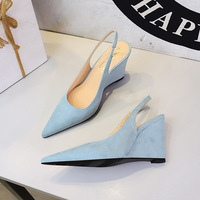 1898 European and American style lady with pointed, simple suede, irregular slope heel, empty back strap, wearing sandals for women