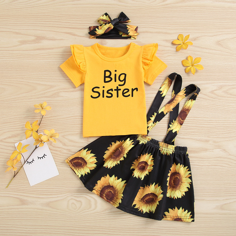 202 cross-border girls yellow bing sister flying sleeve short sleeve T-shirt sunflower suspender skirt headscarf suit