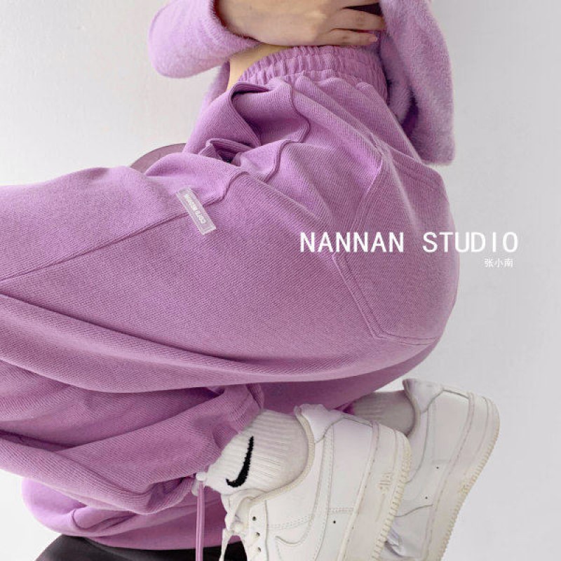 紫色炸街美式字母宽松运动裤女休闲束脚裤秋冬高腰直筒卫裤ins潮