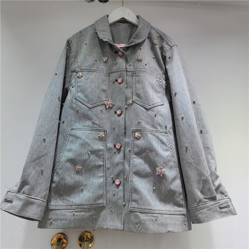 Flores de diamante de rayas chaqueta denim mujer otoño invierno 2025 nuevo estilo coreano suelto chaqueta de textura casual