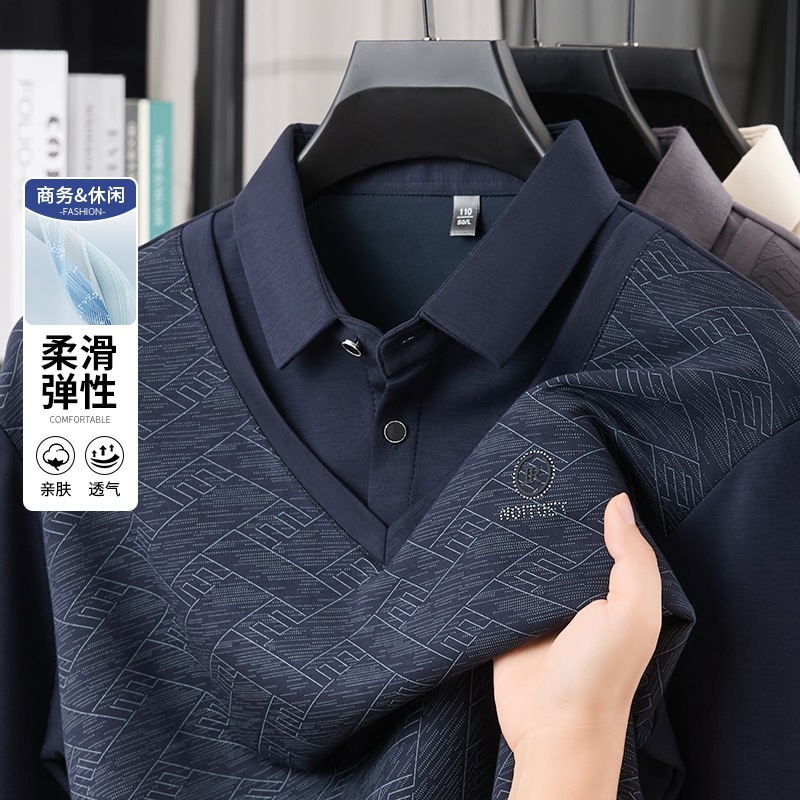 一件代发 男士T恤衫格子中老年时尚休闲假两件衬衫领打底衫爸爸装|undefined