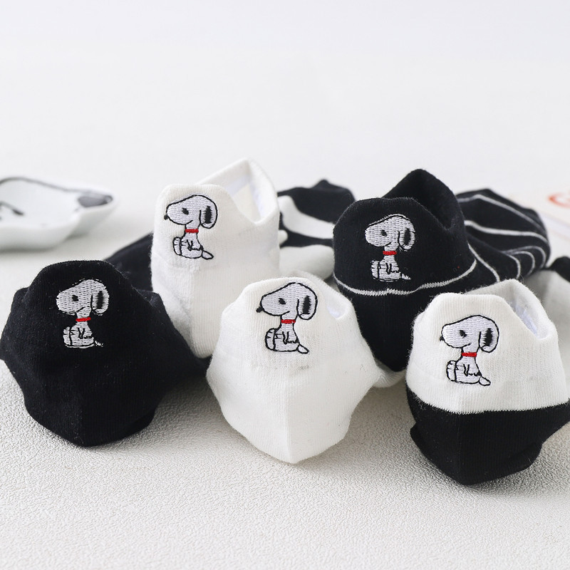 Black and White Women's Short Socks Summer Thin Shallow Top Boat Socks Korean Casual Heel Embroidered Cartoon Series
