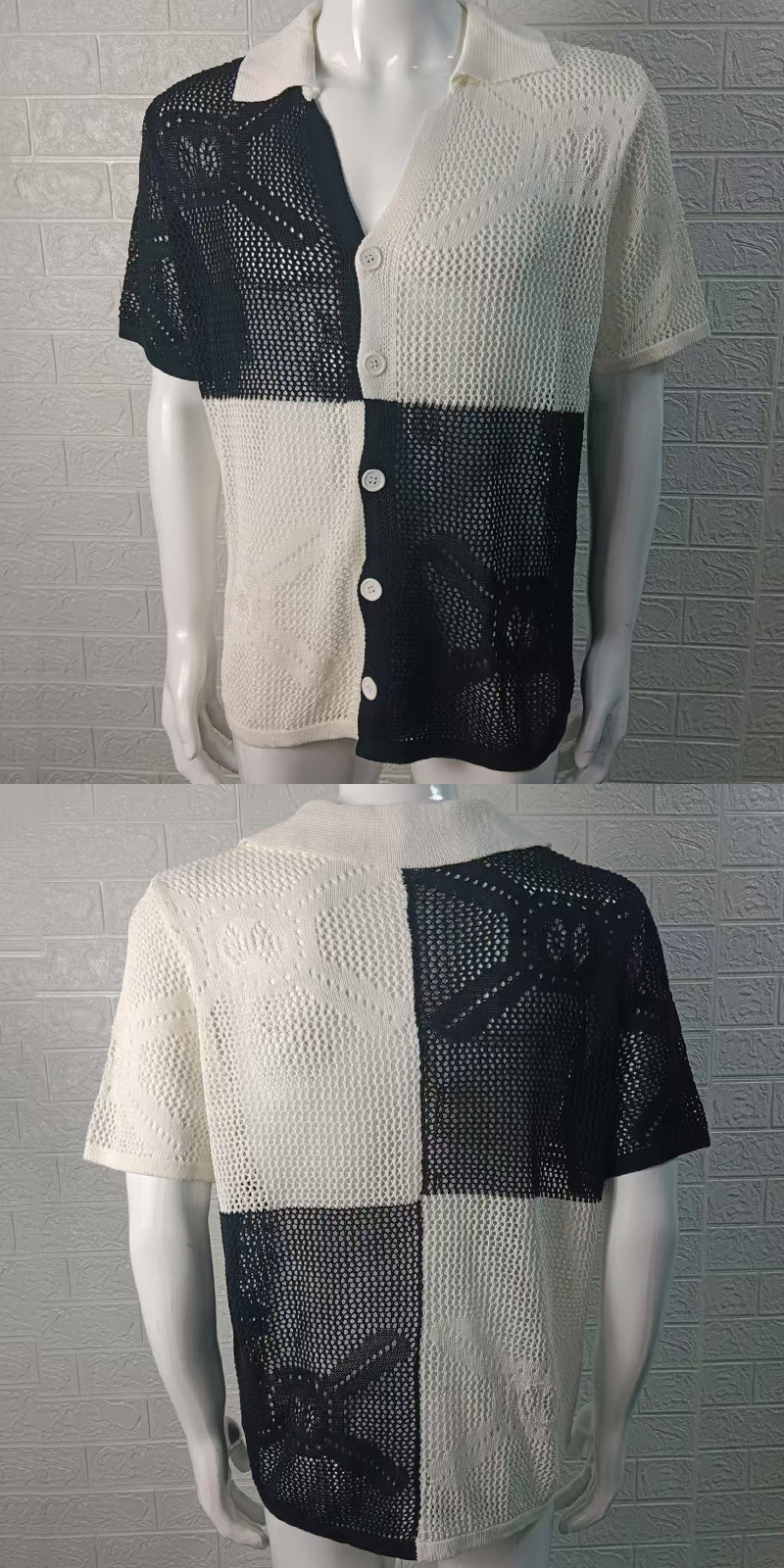 Color Block Hollow Knit Sweater Turn-Down-Kragen Kurzarm-Cardigan Dünn Sommer Muscle Plus Size Herrenbekleidung_voghion.com