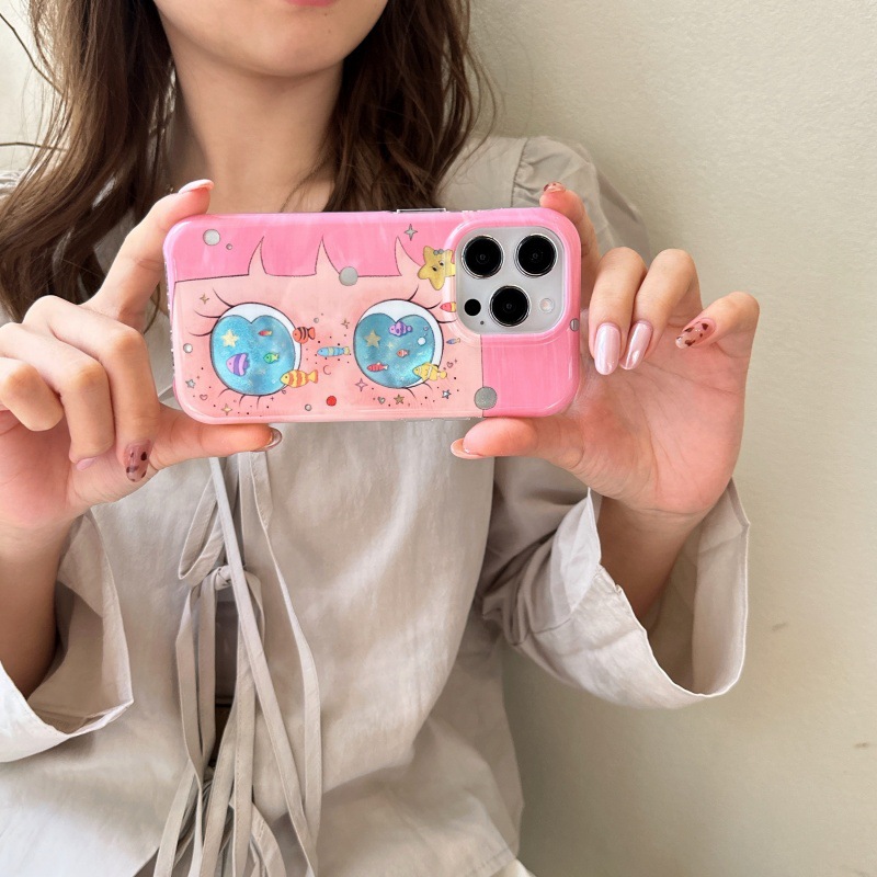 可爱海洋小鱼大眼睛女孩适用iphone16Promax苹果15手机壳14双层13