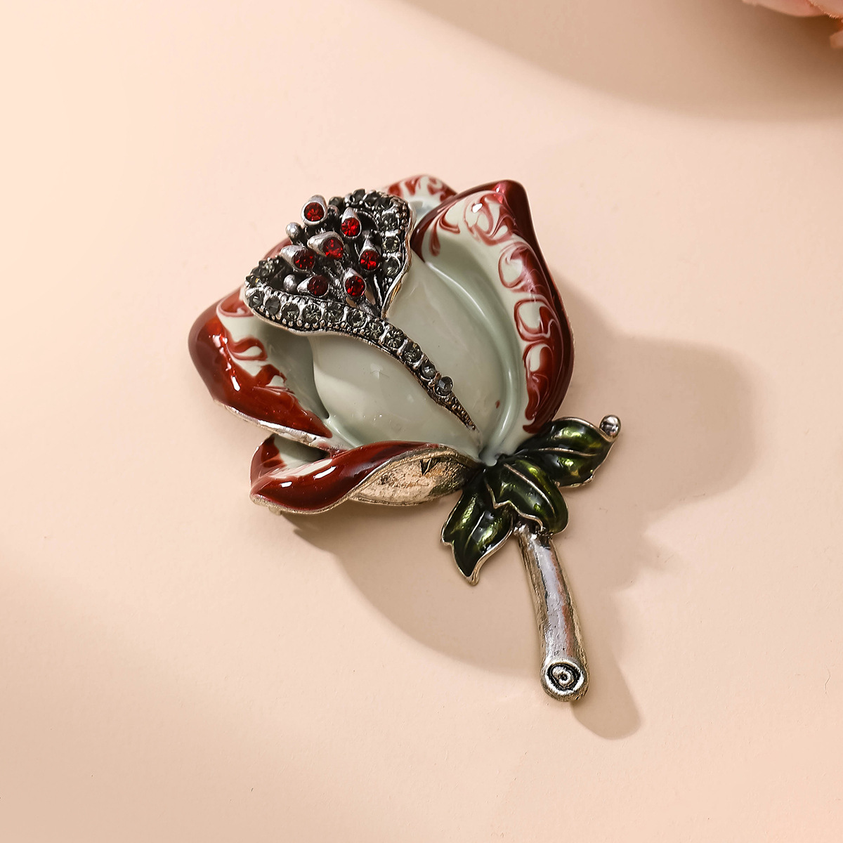 Hand-Painted Enamel Rose Brooch with Diamonds, Floral Dress Brooch, High-End Exquisite Vintage Pin, Rose Brooch