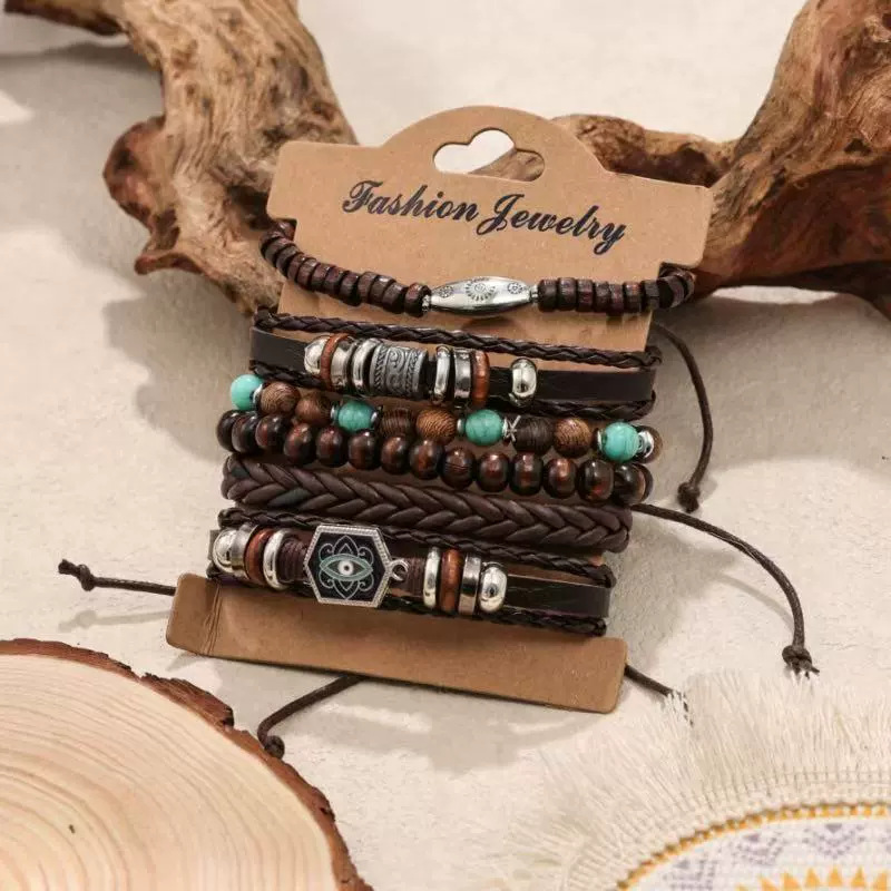 Nuevos productos transfronterizos Cuentas de madera europeas y americanas con cuentas de múltiples capas flor retro pluma de pavo real juego de pulsera tejido a mano en forma de corazón image 9