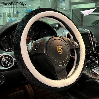 Seat cushion, seat cover | Luxury Car Seat Cover - rabbit-fur-classic-steering-wheel-cover-black-and-white