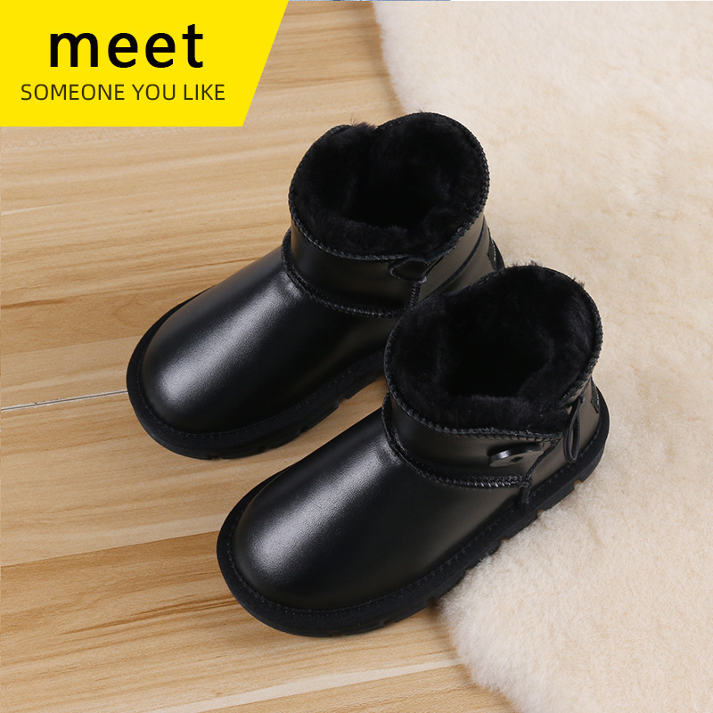 MEET Bright Leather Children's Snow Boots Winter Baby Shoes Non-Slip Thickened Children's Boots Beef Sole Fleece-Lined Children's Cotton Shoes
