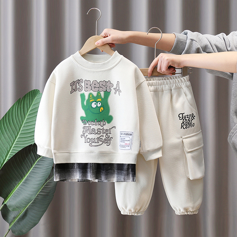 7676 Traje de primavera para niños 2025 Ropa de moda falsa de dos piezas para niños Primavera y otoño Suéter y pantalones de dos piezas Primavera