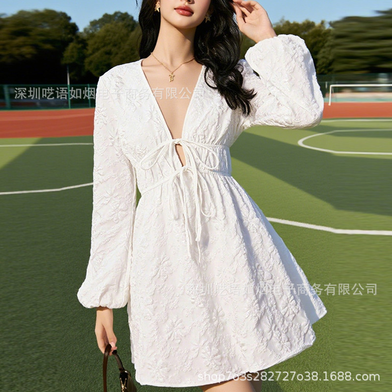 New V-Neck Dress for the Back-To-School Season, Solid White Color, Pure and Sexy Style, Drawstring Tie-Up Women's Dress