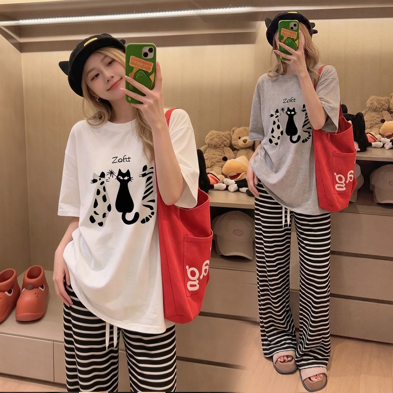 Maternity Wear Korean Style Ins Style Cartoon Cat Print T-Shirt Set Summer Loose Casual Striped Pants Two-Piece Set Maternity Wear Korean Style Ins Style Cartoon Cat Print T-Shirt Set Summer Loose Casual Striped Pants Two-Piece Set