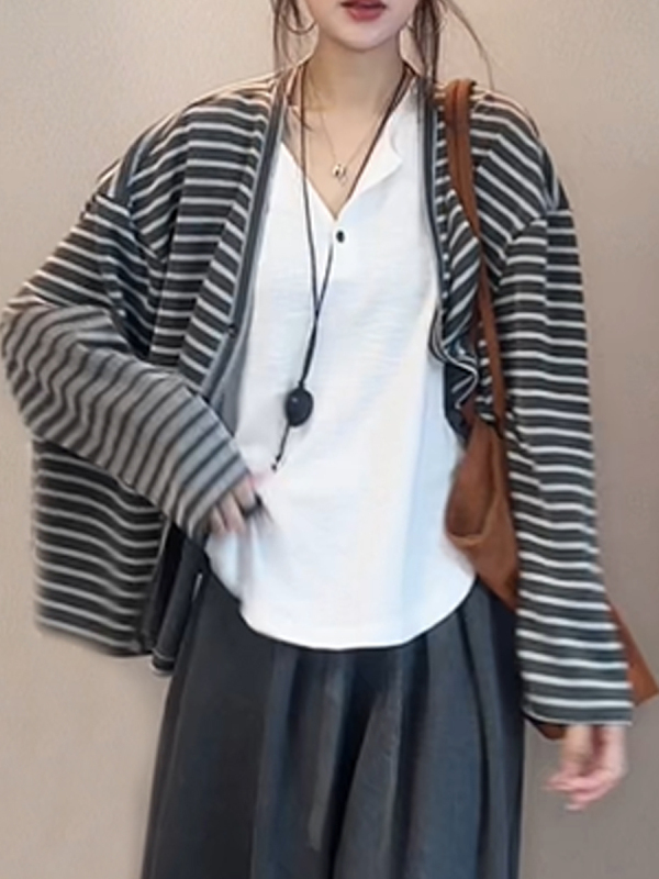 慵懒风撞色条纹气质宽松长袖外套女秋季大码胖MM显瘦百搭休闲上衣|undefined