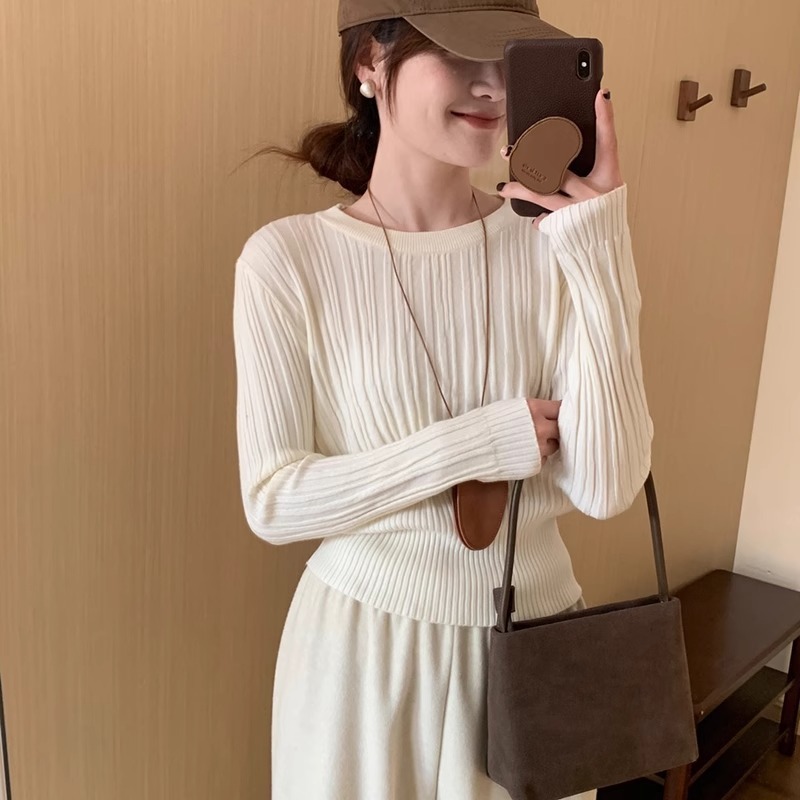 收腰设计感圆领针织打底衫女2025新款春季感软糯上衣内搭小衫|undefined