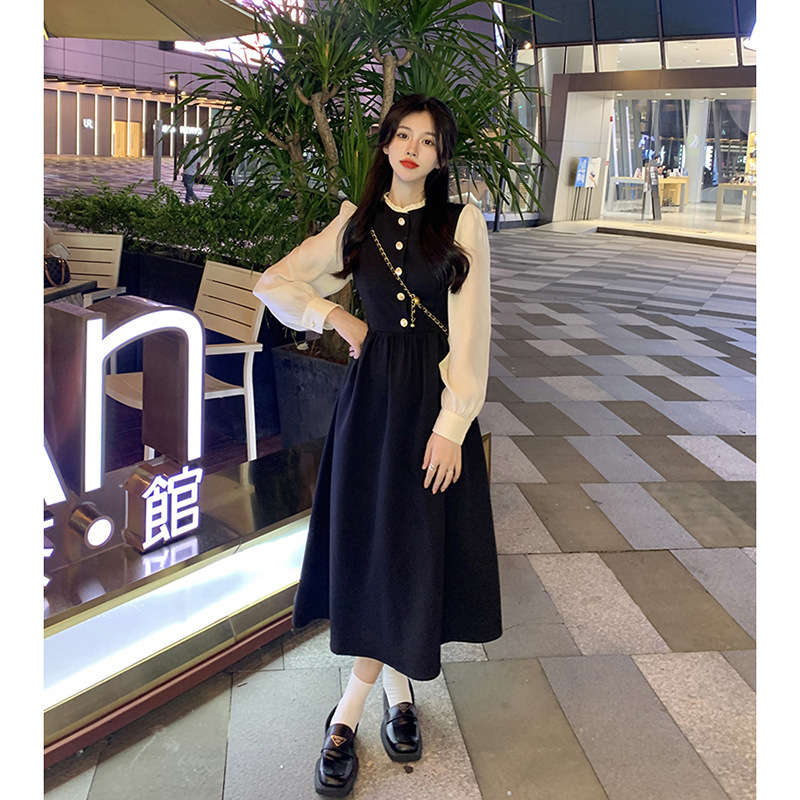 欧美跨境亚马逊新款名媛气质设计感赫本风长裙法式泡泡长袖连衣裙|undefined
