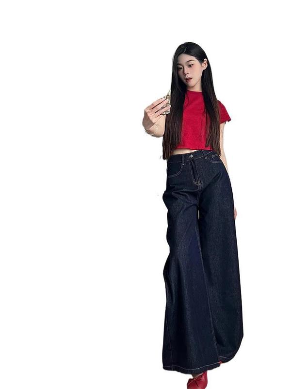 美式复古深蓝阔腿牛仔裤女2025秋季高腰宽松垂感辣妹直筒拖地裤字|undefined