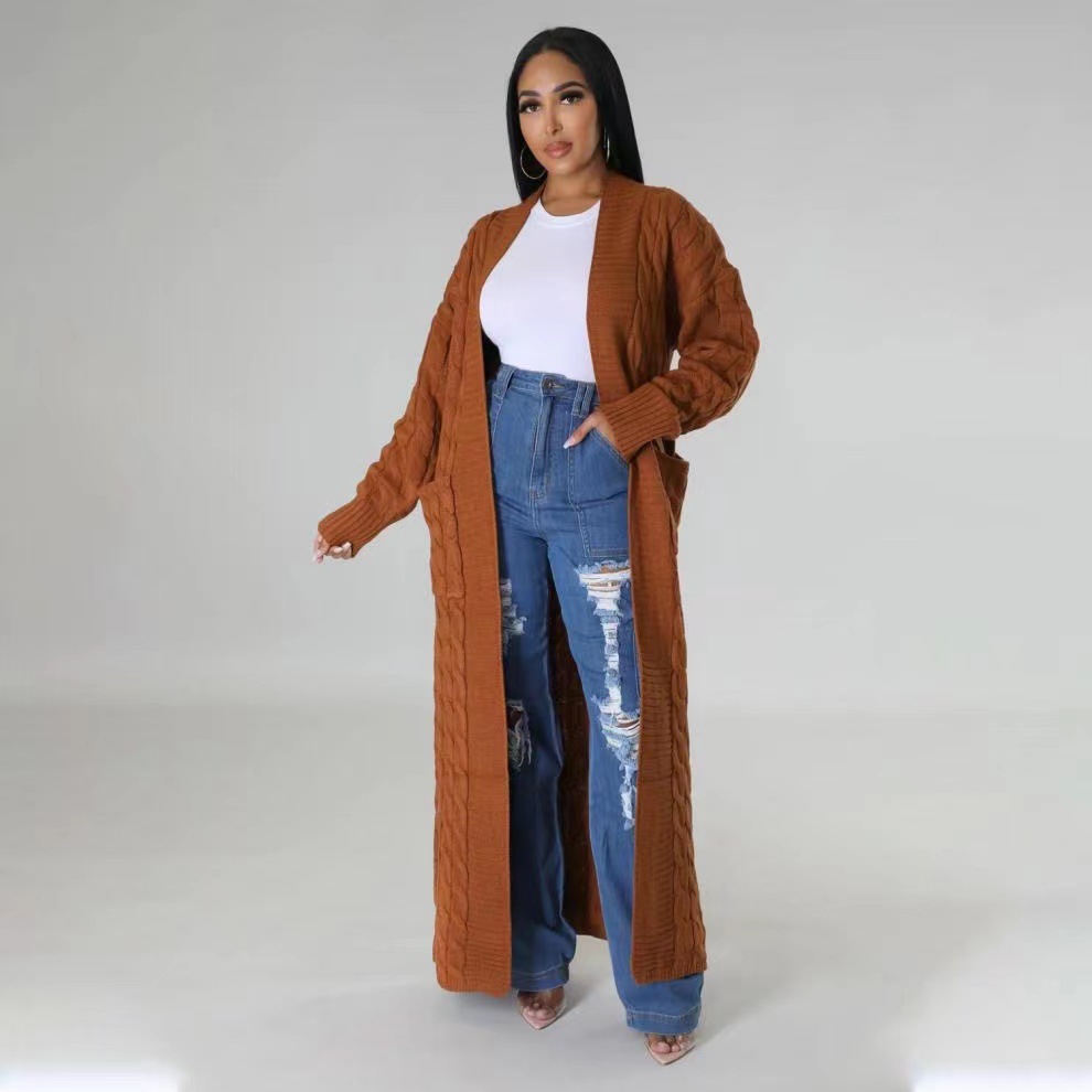 2025 nuevo otoño e invierno Amazon ropa de mujer europea y americana moda bolsillo cárdigan casual suéter de manga larga largo color sólido exterior