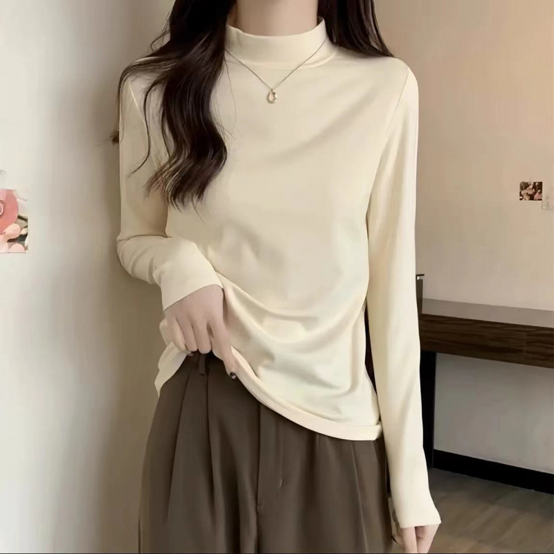 여성용 스몰 스탠드 칼라 밑단 셔츠, 긴팔 티셔츠, 봄, 가을, 겨울 벨벳 화이트 하프 터틀넥 실 이너 슬리밍 탑