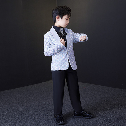 Children Kids Singer Host Stage Performance white square sequin dress suit boy flower suit sets boy Host model Show piano British performance Blazer Pants Shirts