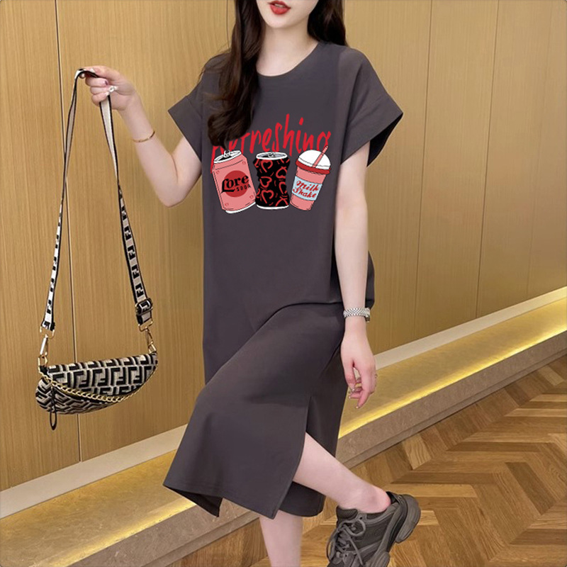 Printed Korean-style short-sleeved T-shirt dress women's summer mid-length over-the-knee casual long skirt plus size age-reducing T-shirt Printed Korean-style short-sleeved T-shirt dress women's summer mid-length over-the-knee casual long skirt plus size age-reducing T-shirt