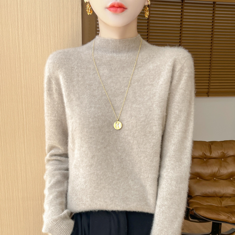 Autumn and Winter All-Wool Sweater for Women, Half-Turtleneck, Seamless Pullover, Slim-Fit Knit Base Layer Top with Long Sleeves