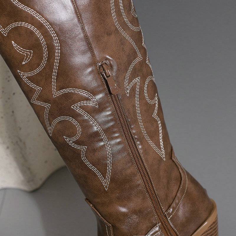 Women's Cowboy boots Embroidered tall pointed girl cowboy boots, vintage chunky heel side zip Rusticale boots_voghion.com
