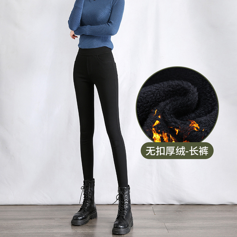 두꺼운 벨벳 신축성 있는 허리 블랙 팬츠 [블랙 팬츠]