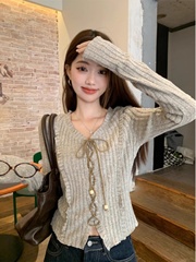 美式复古绑带v领长袖针织衫女秋季外搭设计感小众修身打底衫上衣
