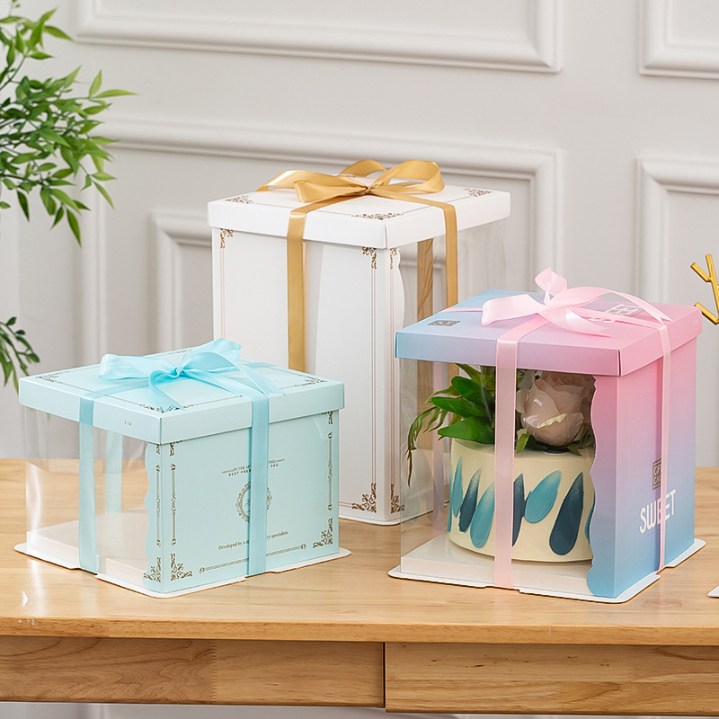 双层半透明生日蛋糕盒子6/8/10/12寸方形三合一烘焙包装盒子批发