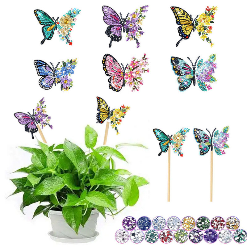 Estacas decorativas para macetas con diseño de flores para decoración de plantas en el hogar y escritorio, fabricante de estacas de jardín hechas a mano con pegatinas de diamantes DIY.
