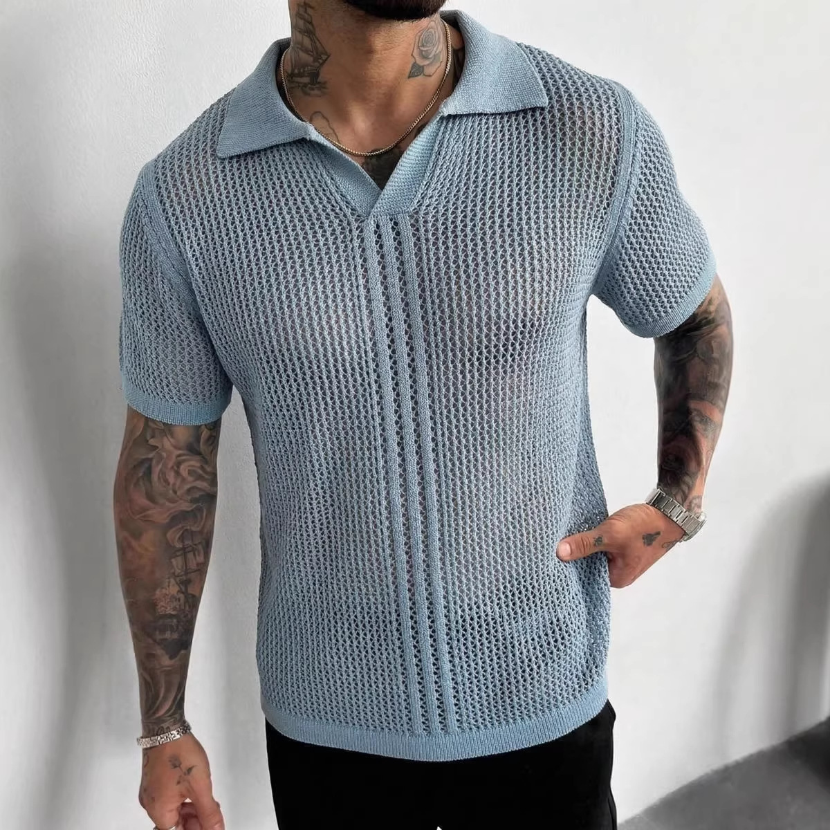Hellblaues Strick-poloshirt Für Herren Mit Luftigem Netzmuster_voghion.com