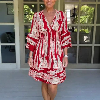2024夏季跨境欧美新款时尚喇叭袖V领连衣裙印花中长裙女