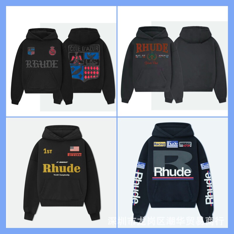 2025 Cross-Border Rhude High Street Hip-Hop Street Style Simple Letter Print Casual Trendy Hooded Sweatshirt for Men