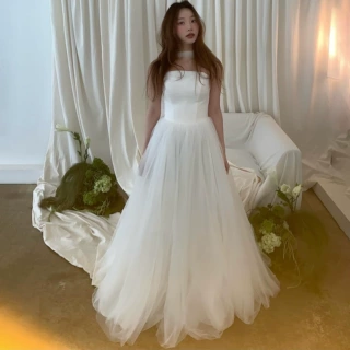 韩式轻婚纱抹胸高级感简约户外旅拍森系绝美网纱蓬蓬裙小礼服仙女