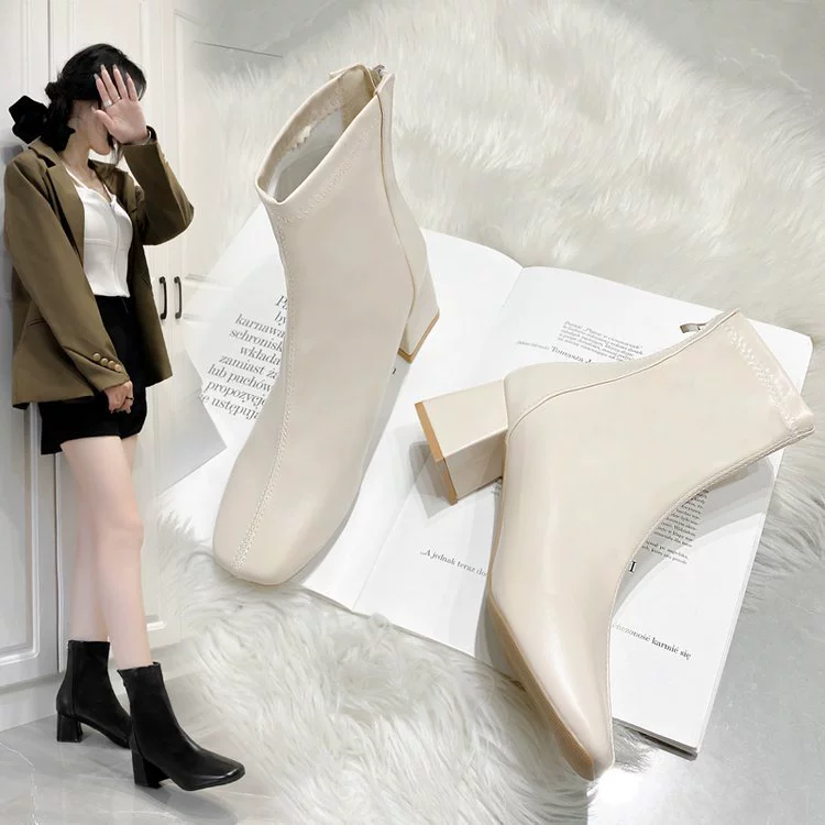 Ботинки Martin, женские осенне-зимние тонкие короткие сапоги на высоком каблуке на молнии, женская Европейская и американская женская обувь на толстом каблуке с белым квадратным носком