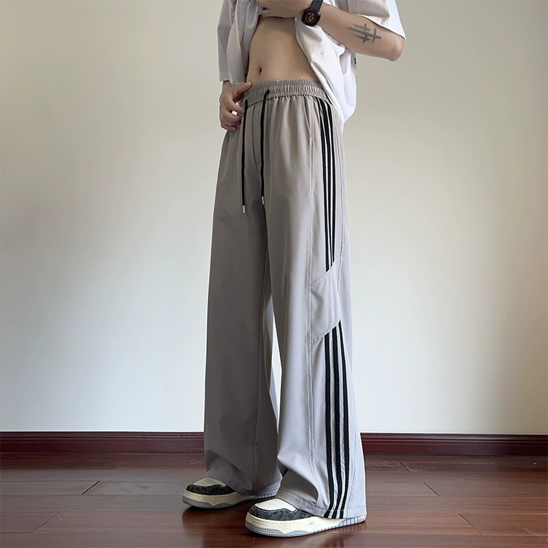 ウッドペッカーストライプアイスシルクパンツメンズ夏薄いルーズストレートワイドレッグパンツ若者新しいカジュアルパンツ|undefined