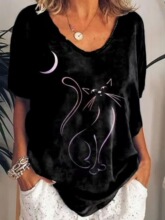 V-neck casual loose print T-shirt women V�I���e����ӡ��T��Ů