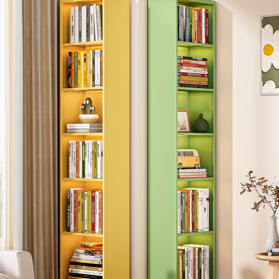 Steel Corner Narrow Bookshelf Simple Floor-Standing Storage Iron Locker Sandwich Small Bookcase Living Room Iron Storage Rack