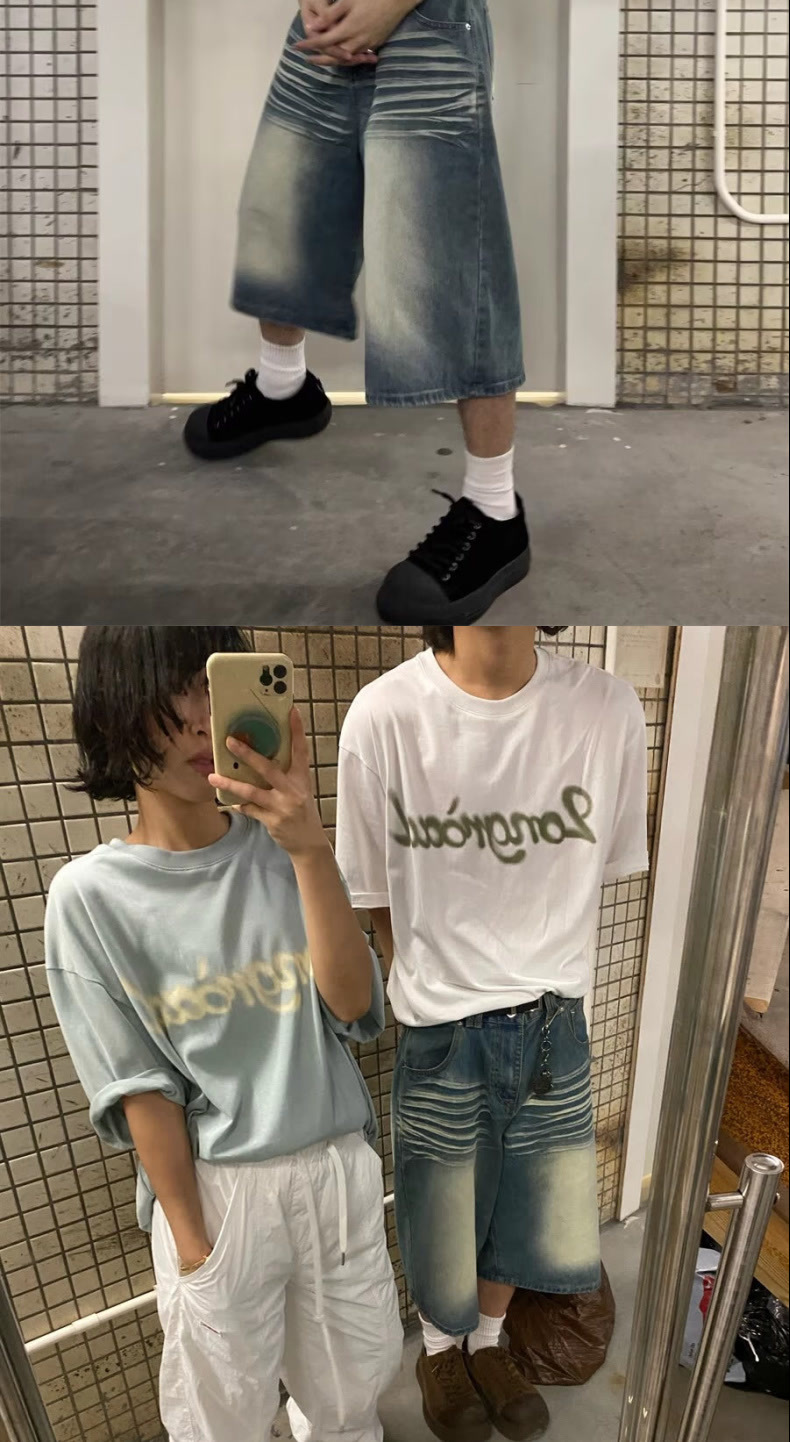 Men's Vintage Washed Blue Distressed Denim Shorts Loose Fit Streetwear Style Cargo Pants with Multi-Pockets_mkmklike.com