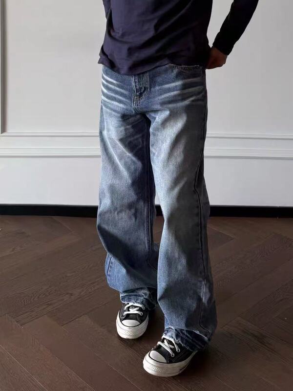 Washed whisker honeycomb straight jeans men regular fit Washed whisker honeycomb straight jeans men regular fit