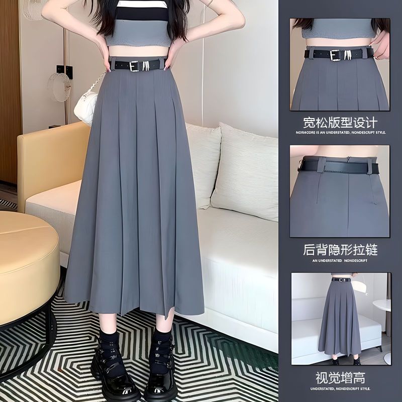 jk半身裙女四季款高腰显瘦百褶裙皮带大摆高腰西装优雅时尚中长裙|undefined