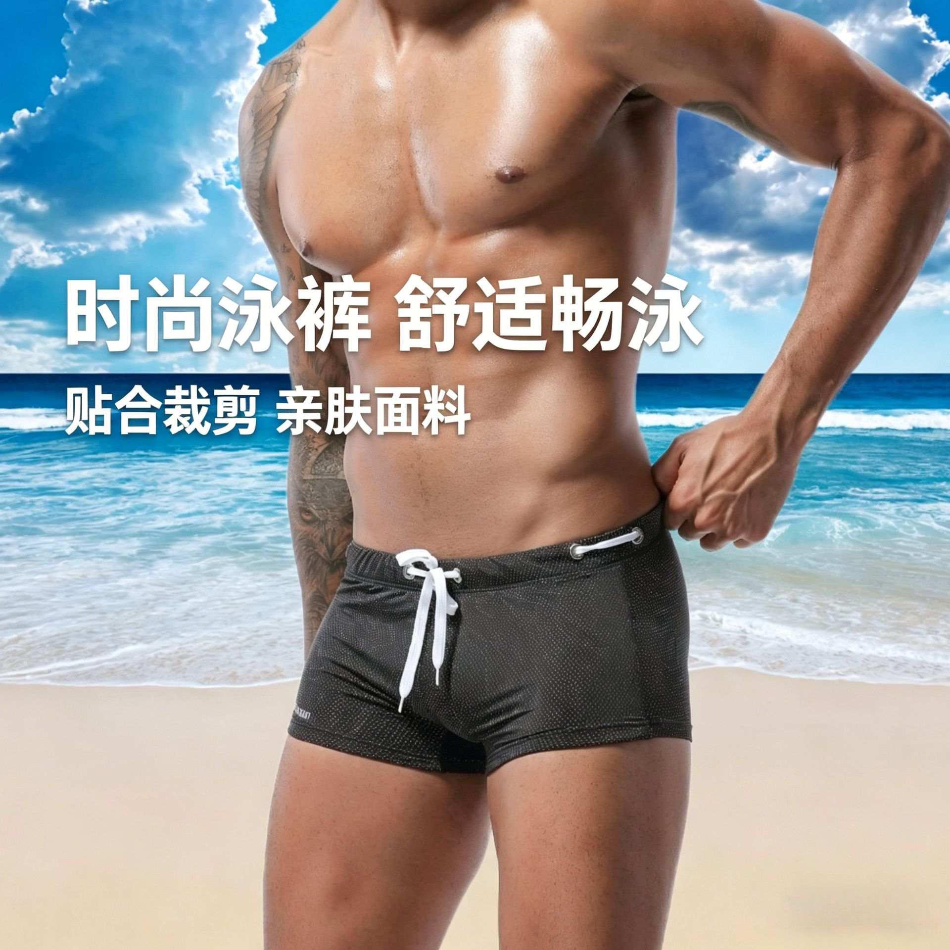 Zhongshan Factory Men's Swimwear, Low-Waist Nylon Beach Shorts, Hot Spring Swimming Trunks, Drawstring Trendy Brand