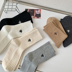 Spring and Autumn Grey Striped Pile Women's Fashion Socks with Bee Embroidery Off-White Short Socks Coffee Brown Mid-Calf Socks