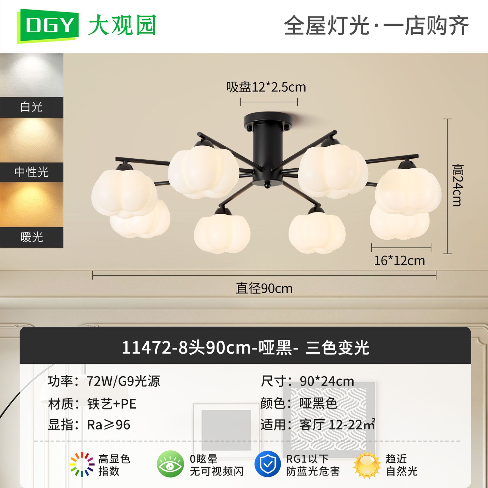 8 cabezas 90cm - Mat Negro - Tricolor Dimming - 72W - Full Spectrum