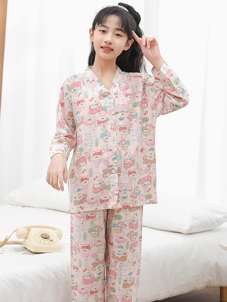 睡衣长袖棉绸空调服服装夏一家四口宝宝亲子装薄款童儿童棉纱睡衣