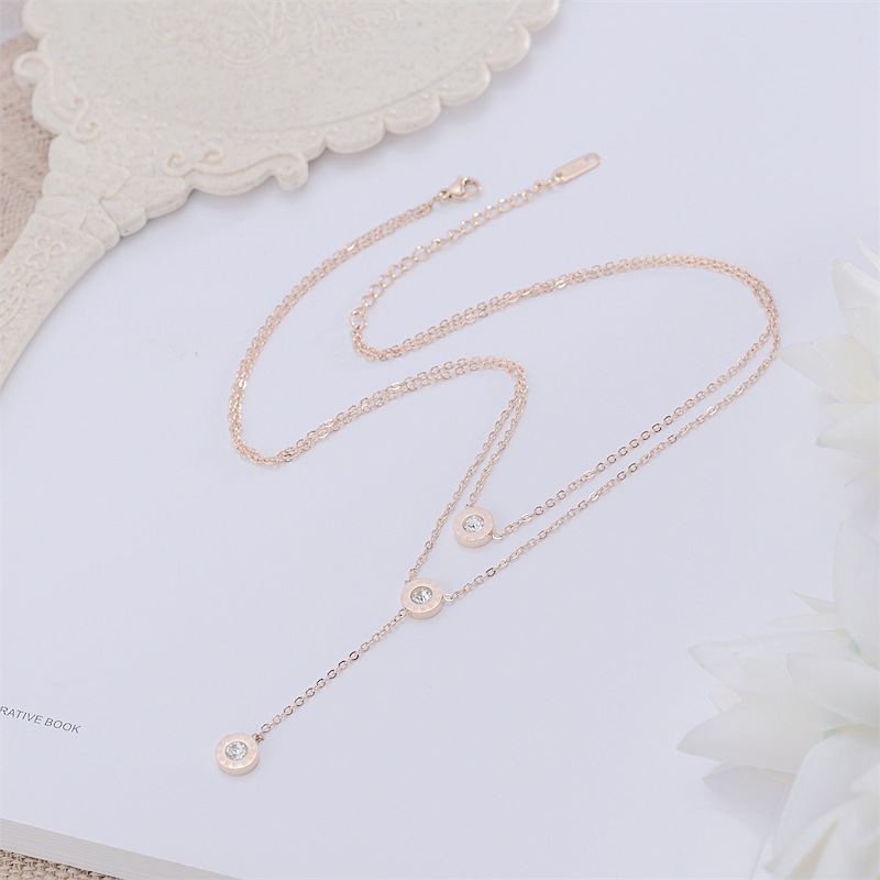 Fashion Round Titanium Steel Plating Inlay Zircon Layered Necklaces 1 Piece