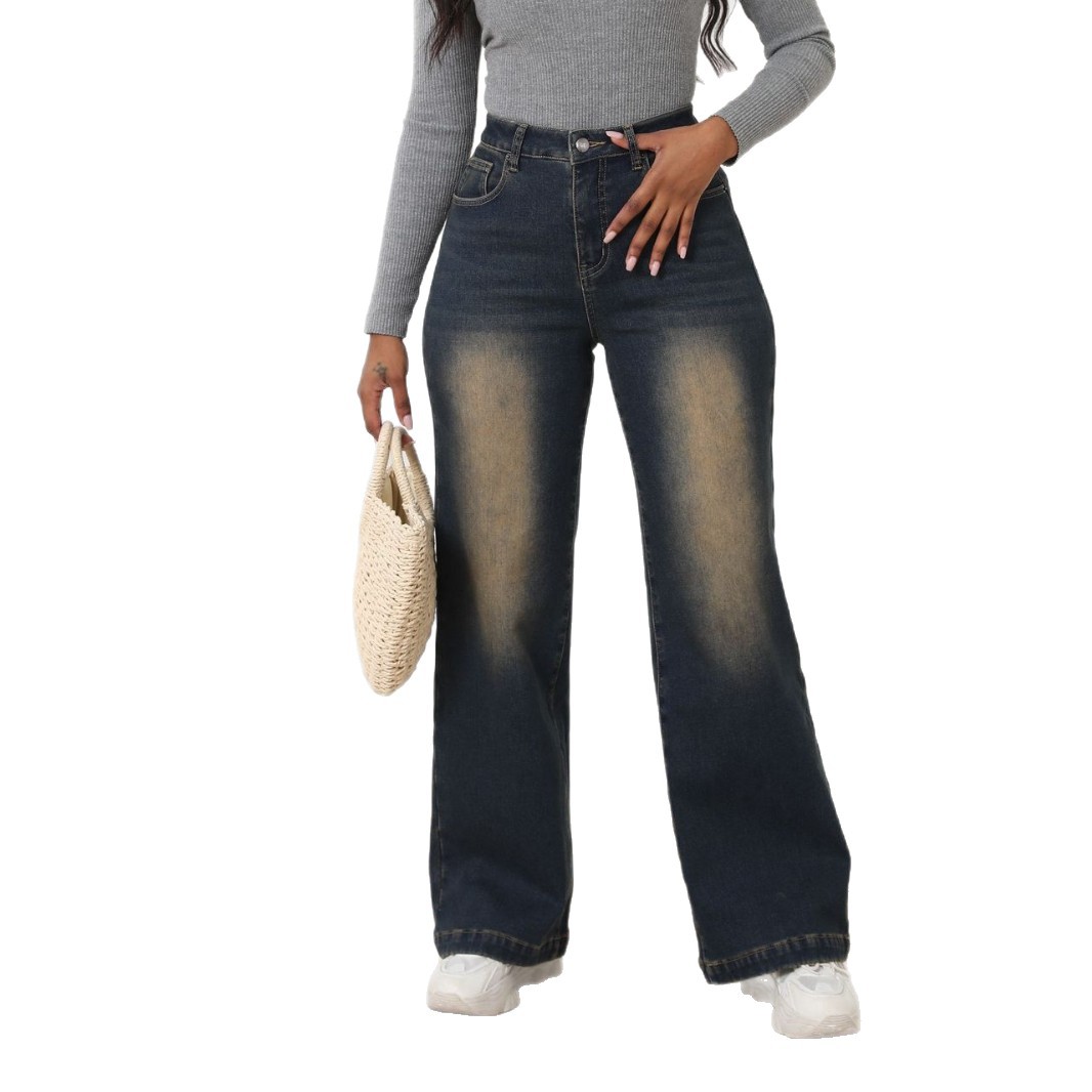 Jeans de pierna ancha y gruesos con forro polar para comercio exterior transfronterizo para mujer, nuevo estilo de otoño e invierno 2025, jeans rectos de cintura alta lavados, ahora disponibles.