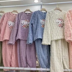 卡通猫珊瑚绒睡衣女2025冬季新款加绒加厚家居服冬季保暖长袖套装